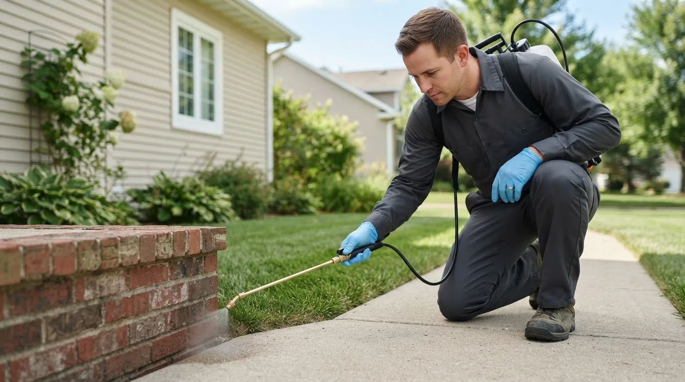 Pest control technician treating a home near Creighton, NE